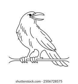 minimalist linear design of a raven on a branch in black