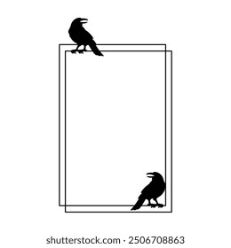 minimalist linear design of rectangular frame with silhouettes of ravens in black color