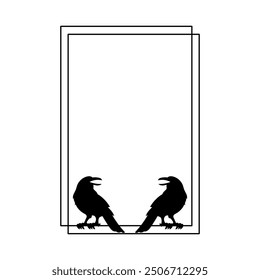 minimalist linear design of rectangular frame with silhouettes of ravens in black color