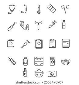 Minimalist Linear Doctor Toolkit Icons - 30 Essential Medical Vector Illustrations