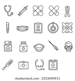 Minimalist Linear Doctor Toolkit Icons - 30 Essential Medical Vector Illustrations