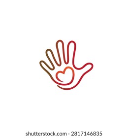 A minimalist linear drawing of a human palm containing a stylized heart