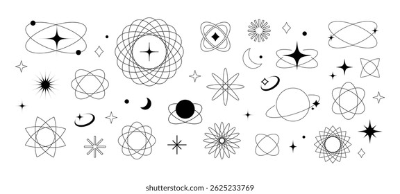 Minimalist linear elements, trendy linear elements, stars, planets, orbits. Ideal for designs, templates, social media, stickers, and fashion prints.