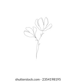 Minimalist linear flower branch. Small floral ornamental element, tiny fine line botanical leaves, tattoo sketch. Vector art