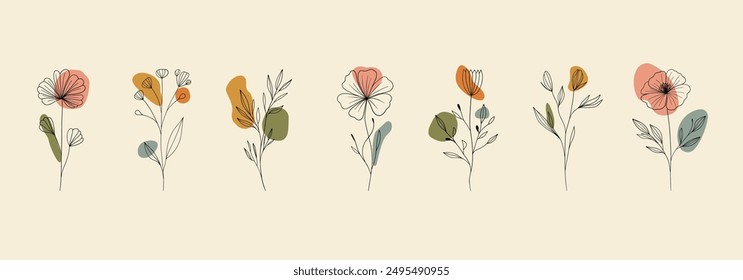 Minimalist linear flowers with abstract shapes. Doodle floral elements, nature leaves branches, botanical print art. Vector set