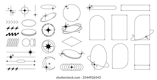 Estruturas lineares minimalistas com estrelas, elementos de linha estética moderna y2k, bordas de brilho decorativo. Abstrato boho estilo oval e formas de arco, contorno mínimo quadro geométrico com brilhante conjunto de vetores