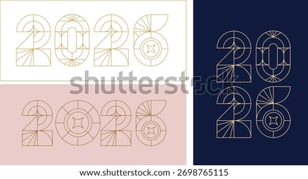Minimalist linear Happy New Year 2026 template set. Modern art deco vector illustration.