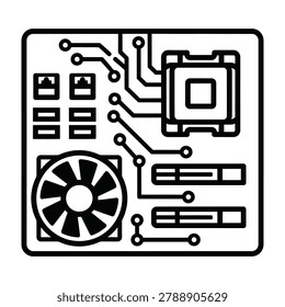 A minimalist linear icon of a computer motherboard showing the central processor unit, integrated cooling fan, and circuit board pathways for high tech computing.