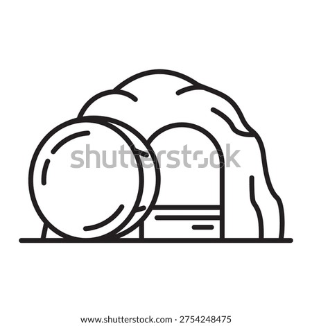 Minimalist linear icon of the empty tomb with a cross and stone rolled away. Editable stroke vector illustration for Easter, representing the resurrection of Jesus Christ and religious faith.