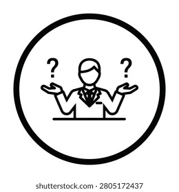 A minimalist linear icon featuring a business person shrugging with question marks, symbolizing uncertainty, indecision, lack of knowledge, or a dilemma in business.