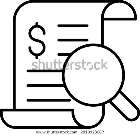 A minimalist linear icon representing a financial document being examined with a magnifying glass, symbolizing auditing, accounting, or financial analysis.