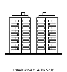 A minimalist linear icon representing two tall residential apartment buildings standing side by side. This clean architectural symbol is ideal for real estate, urban planning, and property concepts.