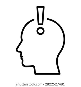 A minimalist linear icon showing a human head silhouette with an exclamation mark. Represents awareness, sudden realization, discovery, focus, or alert concept.