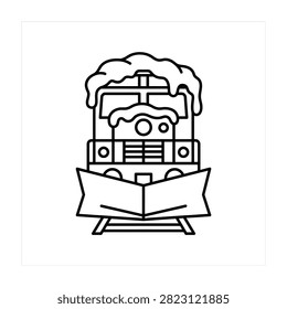 A minimalist linear icon showing a snow plow train engine from a front view perspective. The locomotive is covered in snow, symbolizing winter transport operations.