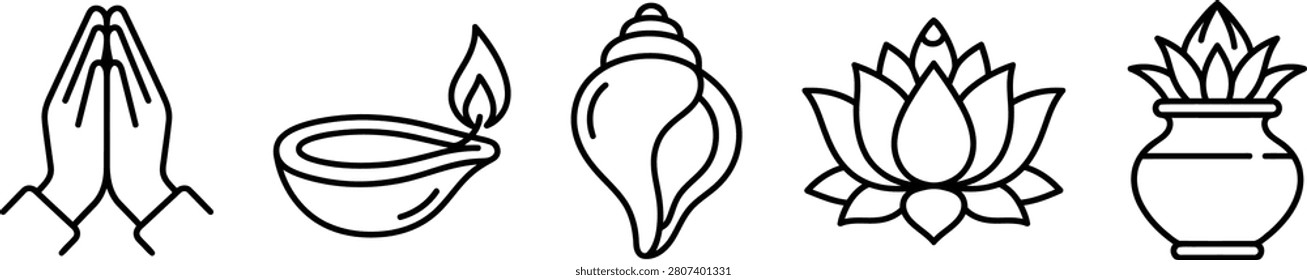 Minimalist linear icons representing Hindu and Buddhist spiritual elements: prayer, diya, conch shell, lotus, and kalash.