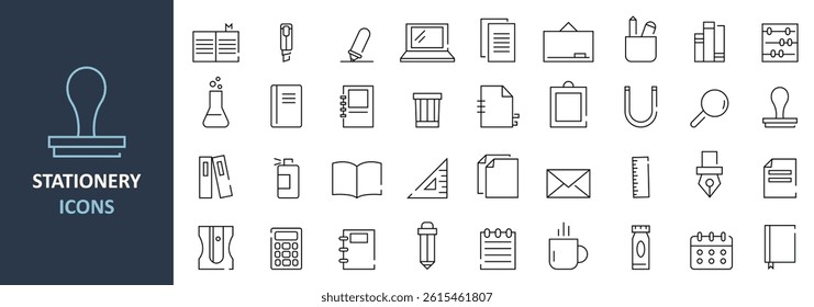 Minimalist linear icons of stationery supplies. Includes pens, pencils, notebooks, scissors, and more.