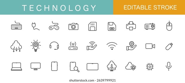Minimalist - Linear Icons of Technology. Set collections. Editable stroke. Simple design. Vector illustration. EPS 10