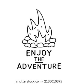 Minimalist linear illustration with burning bonfire and text on white background