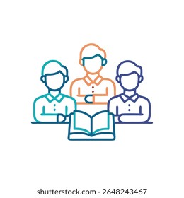 Minimalist linear illustration featuring three people reading an open book. Vivid colors and geometric design create a modern, engaging style.