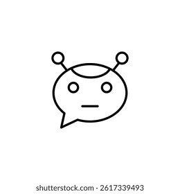 Minimalist linear illustration of a talking robot head with a speech bubble