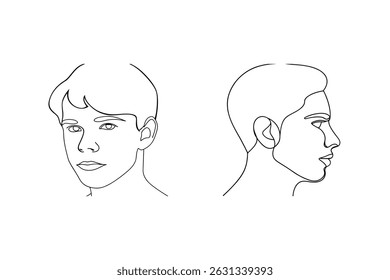Minimalist linear illustration of a young man's face in front and side profile views