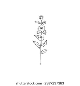 Minimalist linear jasmine flower branch. Small ornamental floral element, fine line botanical tattoo sketch. Vector design