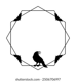 minimalist linear pentagon frame design with silhouettes of bats and raven in black color 