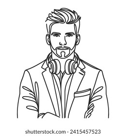 Minimalist linear portrait of a man with a beard and headphones