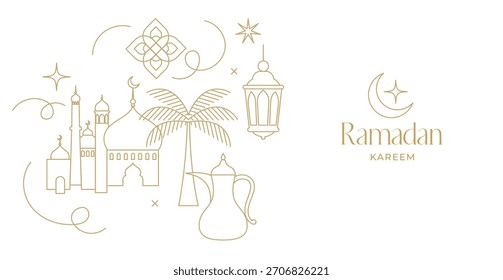 Plano de fundo linear minimalista Ramadan Kareem. Cartão de saudação islâmico moderno, banner e modelo de cartaz. Ilustração vetorial de arte em linha.