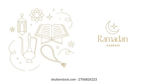 Plano de fundo linear minimalista Ramadan Kareem. Cartão de saudação islâmico moderno, banner e modelo de cartaz. Ilustração vetorial de arte em linha.