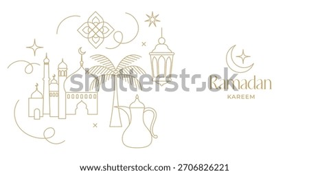 Minimalist linear Ramadan Kareem background. Modern Islamic greeting card, banner and poster template design. Line art vector illustration.
