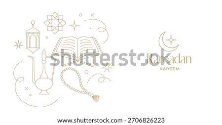 Minimalist linear Ramadan Kareem background. Modern Islamic greeting card, banner and poster template design. Line art vector illustration.
