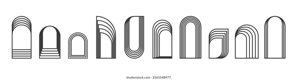 Minimalist linear shapes, decorative aesthetic arch frame, vector art deco design elements. Linear geometric shapes.