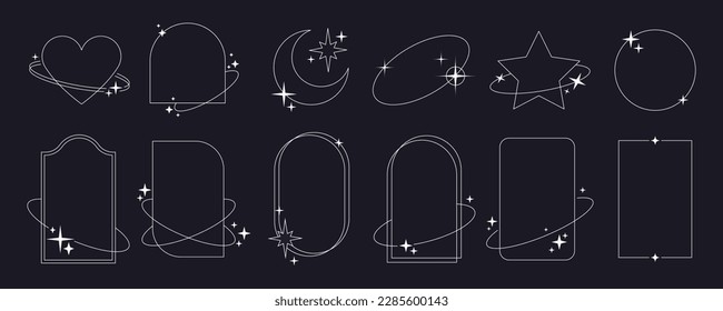 Minimalist aesthetic arch line frames, Modern linear shapes with sparkles on black background. Simple decorative boho style border, circle frame with stars, design elements for social media vector set