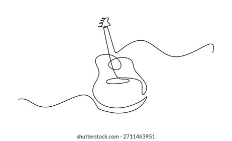 Boceto lineal minimalista de un instrumento de cuerda musical. Dibujo de una línea de guitarra acústica. Ilustración vectorial simple y abstracta.