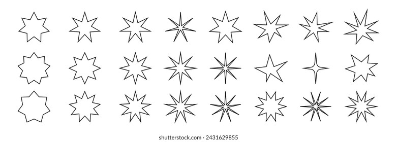 Minimalist linear stars icon, twinkle star shape symbols. Modern geometric elements, shining outline star icons, abstract sparkle line symbol set. 