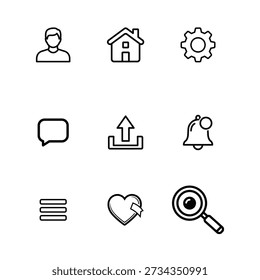 Minimalist Linear UI UX Icon Set for Web and Mobile App Interface Design Featuring User, Home, Settings, Search, and Notification Symbols