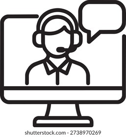 Minimalist linear vector icon depicting a customer support agent on a computer screen for online business assistance
