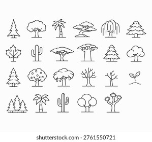 A minimalist linear vector icon set featuring 20 unique tree silhouettes, each drawn with clean thin lines and balanced proportions. Includes pine, oak, palm, bonsai, willow, maple, cactus tree, acacia, baobab, cedar, fir, spruce, apple, mango, dead tree, sapling,