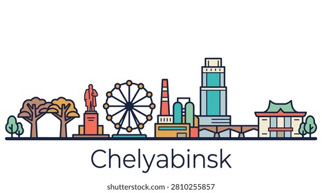 A minimalist linear vector illustration of the Chelyabinsk skyline featuring iconic city landmarks on a clean white background.