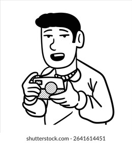 Um avatar de profissão de desenhos animados lineart minimalista em Estilo Lineart Minimalista, retratando um fotógrafo com uma câmera, ideal para projetos criativos.