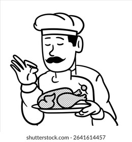 Um avatar de profissão de desenhos animados lineart minimalista em Estilo Lineart Minimalista, com um chef com um chapéu e colher, perfeito para projetos culinários.