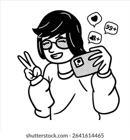 A minimalist lineart cartoon profession avatar in Minimalist Lineart Style, featuring an influencer with a phone and peace sign, perfect for social media and digital marketing designs.