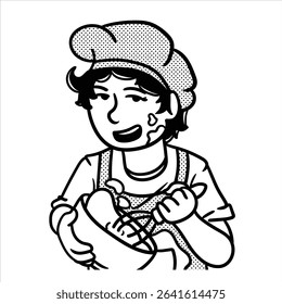 Um avatar de profissão de desenho animado lineart minimalista em Estilo Lineart Minimalista, mostrando um padeiro com um rolo de pão e pão, ótimo para visuais culinários.