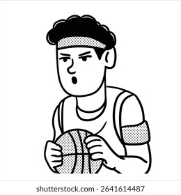 A minimalist lineart cartoon profession avatar in Minimalist Lineart Style, showcasing a basketball player with a ball, great for sports designs.
