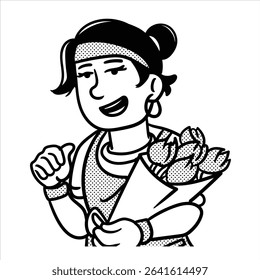 Um avatar de profissão de desenhos animados lineart minimalista em Estilo Lineart Minimalista, com um florista com uma flor e vaso, perfeito para desenhos florais e jardim.