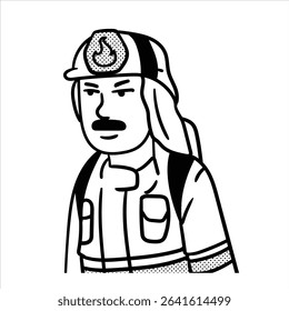 A minimalist lineart cartoon profession avatar in Minimalist Lineart Style, depicting a firefighter with a hose and helmet, ideal for safety designs.