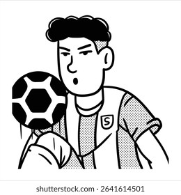 Um avatar de profissão de desenho animado lineart minimalista em Estilo Lineart Minimalista, retratando um jogador de futebol com uma bola e camisa, ideal para projetos esportivos.