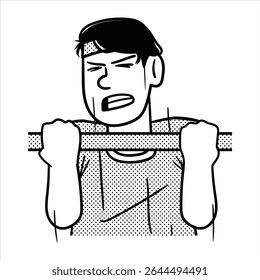 Um avatar de profissão de desenhos animados lineart minimalista em Estilo Lineart Minimalista, mostrando um exercício de puxar o queixo, ótimo para projetos de ginástica e bem-estar.