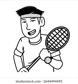 A minimalist lineart cartoon sports avatar in Minimalist Lineart Style, featuring a badminton player with a racket, perfect for sports, Exercise and Wellness designs.